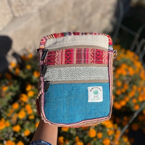 Boho Natural Mini Bag 5 Pocket Passport Bag Travel Bag Hemp Purse Hippie Crossbody Bag GIfts for Her Shoulder Bag Handmade Bag Thanksgiving Light Blue