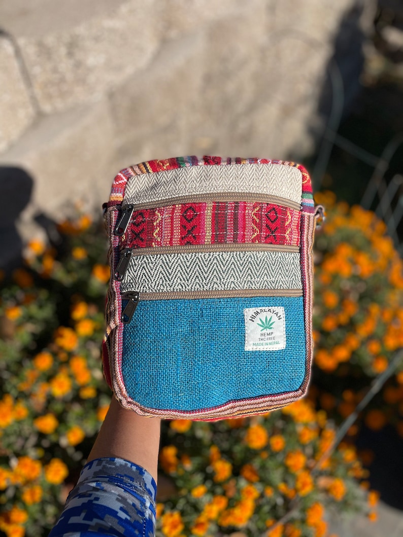 Boho Natural Mini Bag 5 Pocket Passport Bag Travel Bag Hemp Purse Hippie Crossbody Bag GIfts for Her Shoulder Bag Handmade Bag Thanksgiving Light Blue