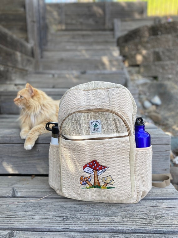 Mushroom Embroidery Himalayan Hemp Backpack: Laptop Bag, Nepal Bag