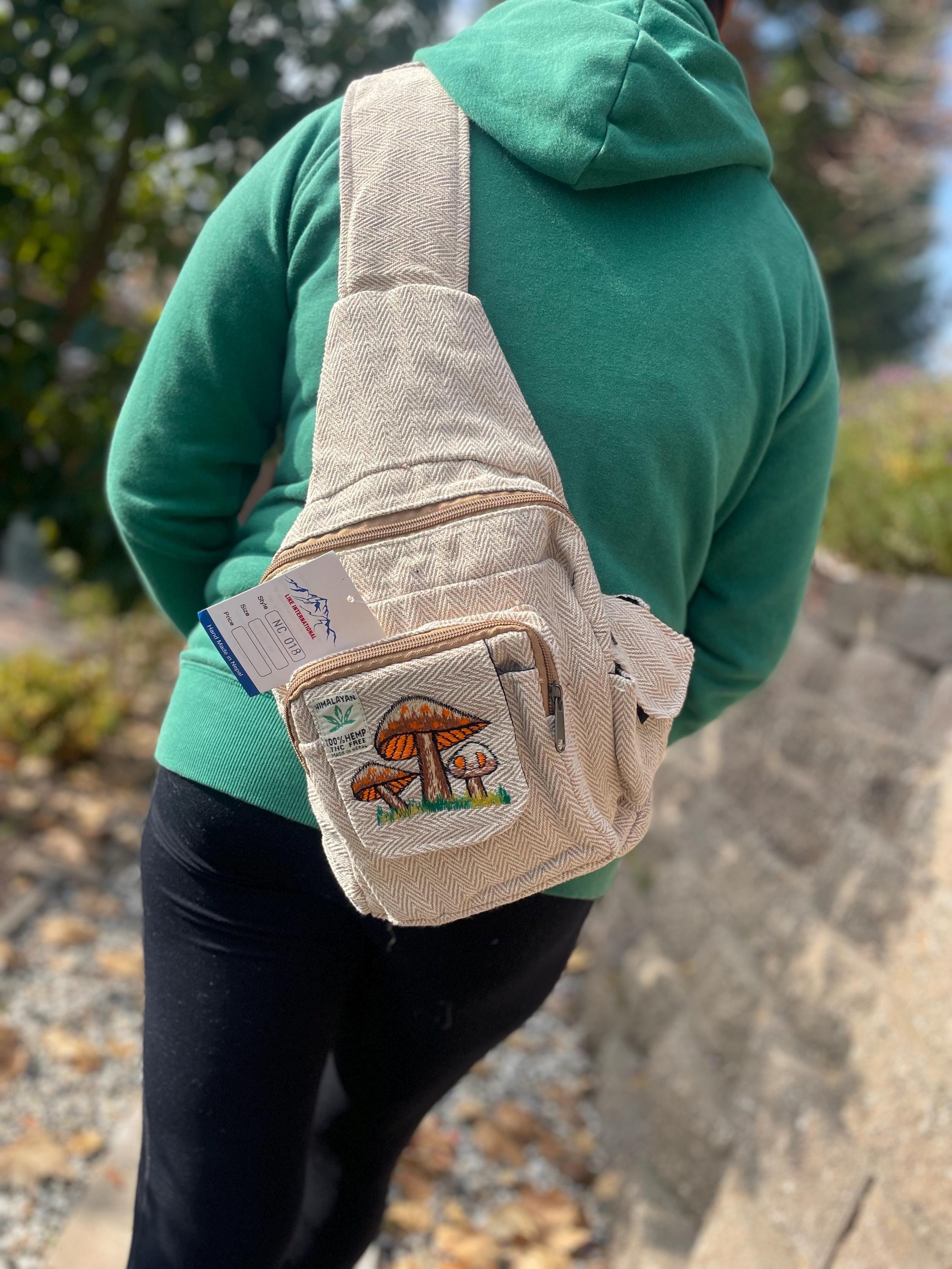 Himalayan  Hemp mushroom embroidery sling Backpack sling bag travel hiking chest bag daypack  holiday gifts for men and women free  shipping