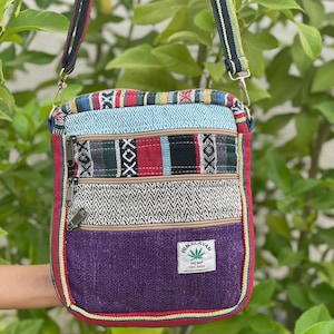Boho Natural Mini Bag 5 Pocket Passport Bag Travel Bag Hemp Purse Hippie Crossbody Bag GIfts for Her Shoulder Bag Handmade Bag Thanksgiving Purple