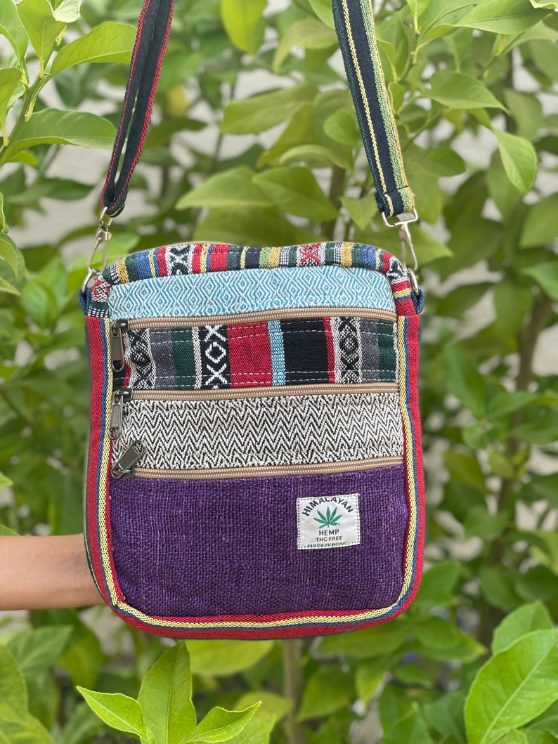 Boho Natural Mini Bag 5 Pocket Passport Bag Travel Bag Hemp Purse Hippie Crossbody Bag GIfts for Her Shoulder Bag Handmade Bag Thanksgiving Purple