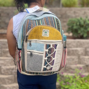 LARGE Himalayan Hemp Backpack with LAPTOP POCKET Nepal Fair Trade Hiking Boho Bag Hippie Backpack Christmas Gift Birthday Gift Cute Backpcks Yellow Patch