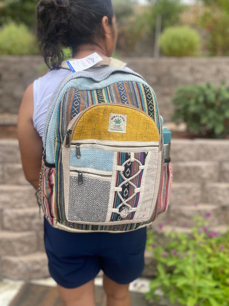 LARGE Himalayan Hemp Backpack with LAPTOP POCKET Nepal Fair Trade Hiking Boho Bag Hippie Backpack Christmas Gift Birthday Gift Cute Backpcks Yellow Patch