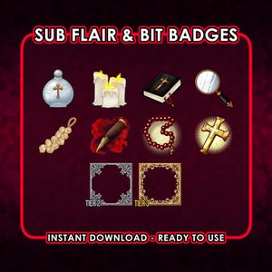 Puede incluir: Colección de insignias digitales e iconos de estilo con temas religiosos y góticos. Incluye una cruz, velas, una biblia, una lupa, ajo, una estaca, cuentas de rosario y marcos decorativos. El texto dice "SUB FLAIR & BIT BADGES" y "INSTANT DOWNLOAD - READY TO USE."