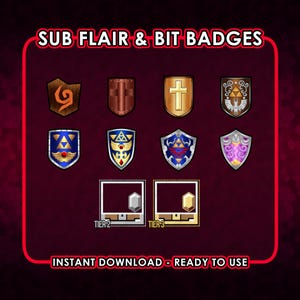 May include: A digital graphic featuring eight shield-shaped badges in various designs and colors, including wood grain, metallic, and gold. The text "SUB FLAIR & BIT BADGES" and "INSTANT DOWNLOAD - READY TO USE" are displayed. Two additional badges are labeled "TIER 2" and "TIER 3".