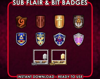 Hero Shields Sub Badges met Flair Overlays – Fantasy Knight Shield Bit Badges voor Twitch, Discord en YouTube