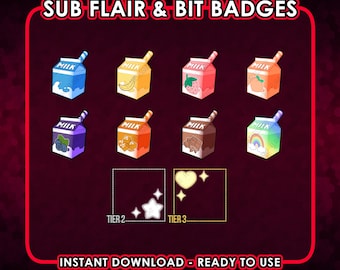 Badges d'abonnement mignons en forme de brique de lait avec superpositions – Badges de boissons lactées aromatisées pour streamers, Discord et YouTube