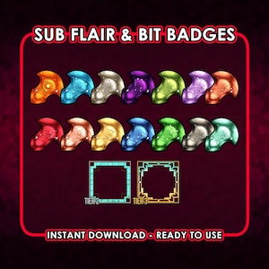Op de afbeelding: Een digitale afbeelding met twaalf kleurrijke helmvormige badges met sterpatronen en twee vierkante kaders met de labels "TIER 2" en "TIER 3". De tekst "SUB FLAIR & BIT BADGES" en "INSTANT DOWNLOAD - READY TO USE" zijn ook aanwezig.