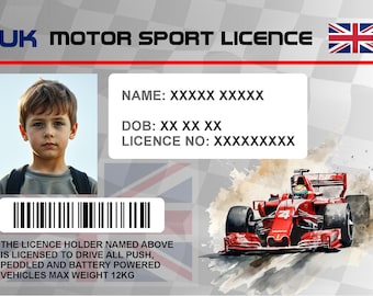 May include: A UK Motor Sport Licence with a photo of a young boy, the text "NAME: XXXXX XXXXX", "DOB: XX XX XX", "LICENCE NO: XXXXXXXXX", and the text "THE LICENCE HOLDER NAMED ABOVE IS LICENSED TO DRIVE ALL PUSH, PEDDLED AND BATTERY POWERED VEHICLES MAX WEIGHT 12KG".