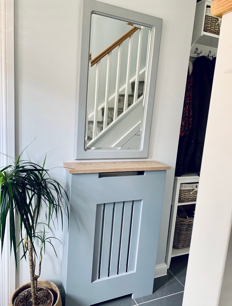 Solid oak top grey radiator cover custom fit UK | Etsy
