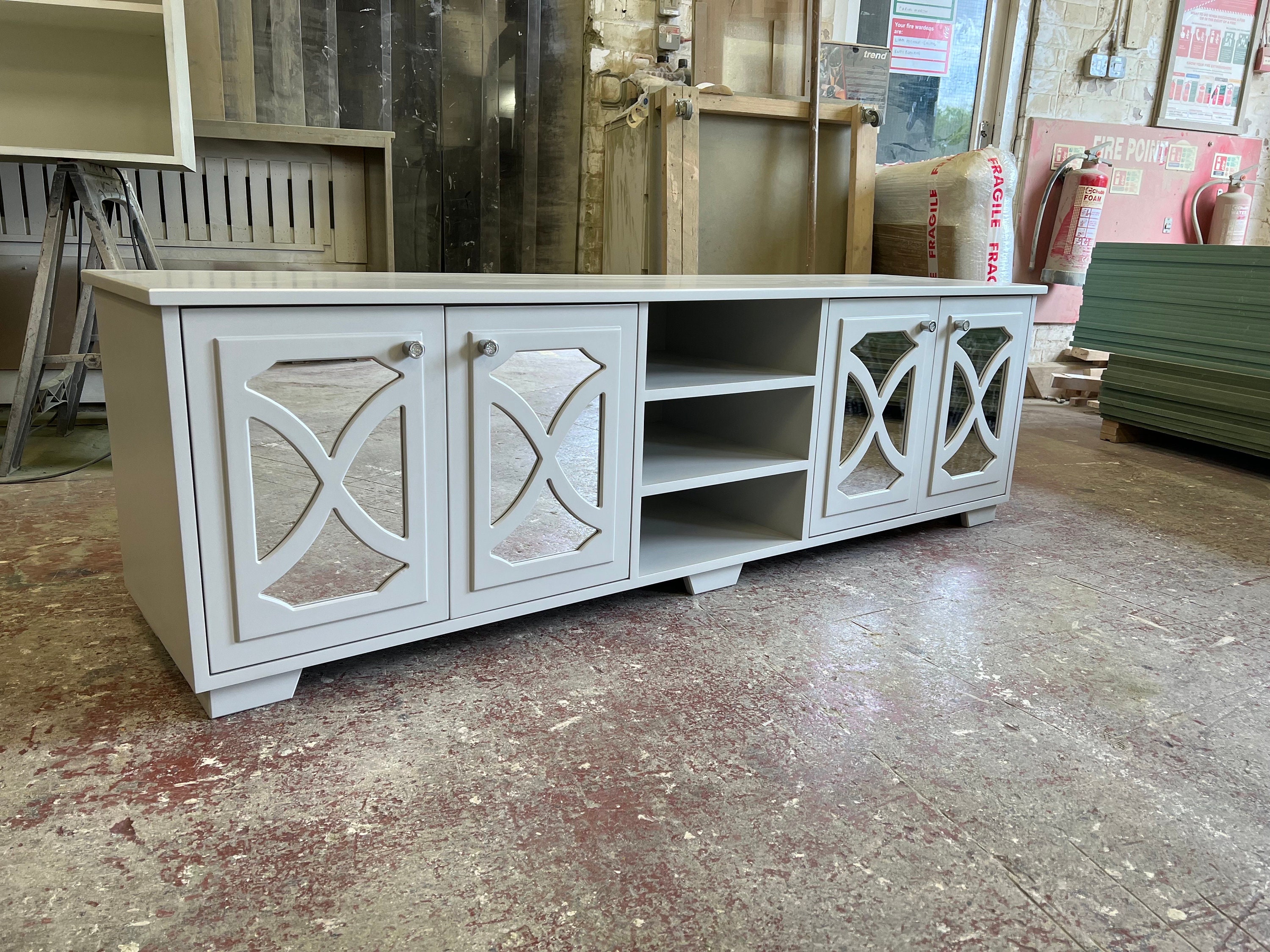 Grey washed on sale mirrored sideboard