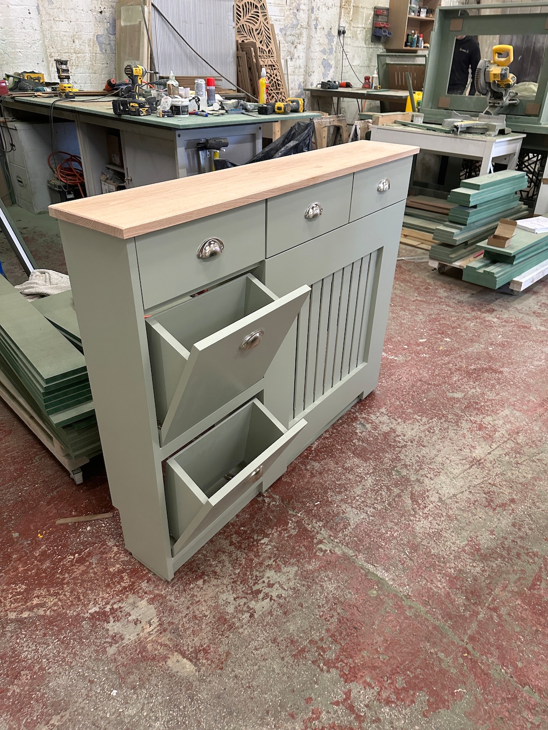 Radiator Cover With Shoe Storage, Drawers and Solid Oak Top French Grey Etsy UK