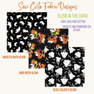 Glow in the Dark Halloween Fabric from Henry Glass 100% Cotton. Ghosts on Black and BOO Ghosts with Pumpkins.