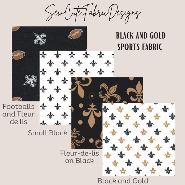 Black and Gold Fleur-de-Lis Fabric. 60” cotton. Football Fabric, New Orleans Saints. Louisiana Sports Fabric. Black and White