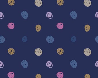 Jersey Knit Fabric with Colored Swirl Dots on Blue. Great for t shirts, yoga pants and leggings. Riley Blake Designs Swirl Midnight