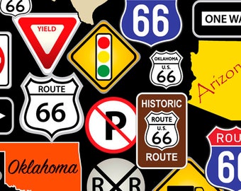 Tissu en coton Route 66 : panneaux de signalisation au Texas, en Oklahoma et en Arizona
