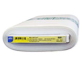 May include: A roll of white Pellon 808 Craft-Fuse stabilizer for crafts and home decor. The label reads "808 Craft-Fuse", "Crafts & Home Decor", "Stabilizers", "50% Polyester/50% Rayon", "Machine Wash Warm", "Tumble dry medium or dry clean", "www.PellonProjects.com", "808", "20 IN", "2012", "MADE IN USA".
