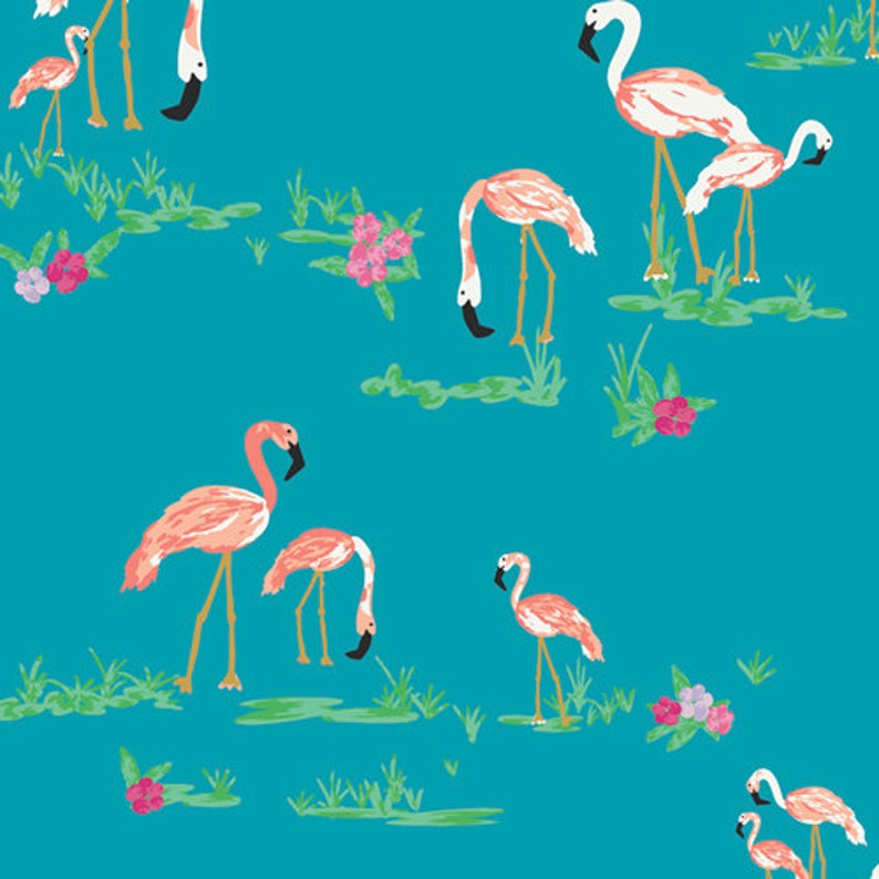May include: A teal blue background with a repeating pattern of pink flamingos standing in a shallow body of water. The flamingos are in various poses, some with their necks bent down, some with their necks straight up, and some with their wings spread out. There are also pink flowers scattered throughout the pattern.