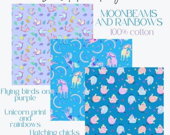 Moonbeams & Rainbows. Unicorns, Baby Chicks and Flying Birds. 100% Quilting Cotton Fabric. Childrens or Nursery. Patel colors.
