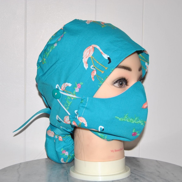 Ponytail surgical scrub cap with buttons, Surgical mask cover for N-95. Designer cotton fabric.