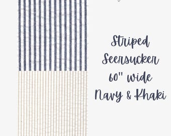 Striped Seersucker Fabric: Navy & Khaki Cotton, 60" Wide