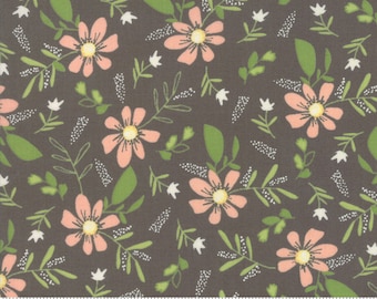 Moda Fabric Summer Sweet Charcoal 37580 19 100% Quilting Cotton, Pink flowers with green leaves on gray. Yardage