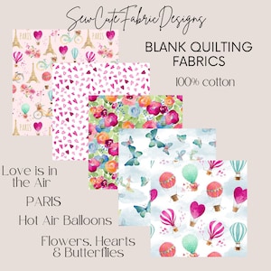 Blank Quilting, Love is in the Air. Eiffel Tower, Hot Air Balloons, Paris, Small Pink Hearts, Butterflies. 100% Quilting Cotton