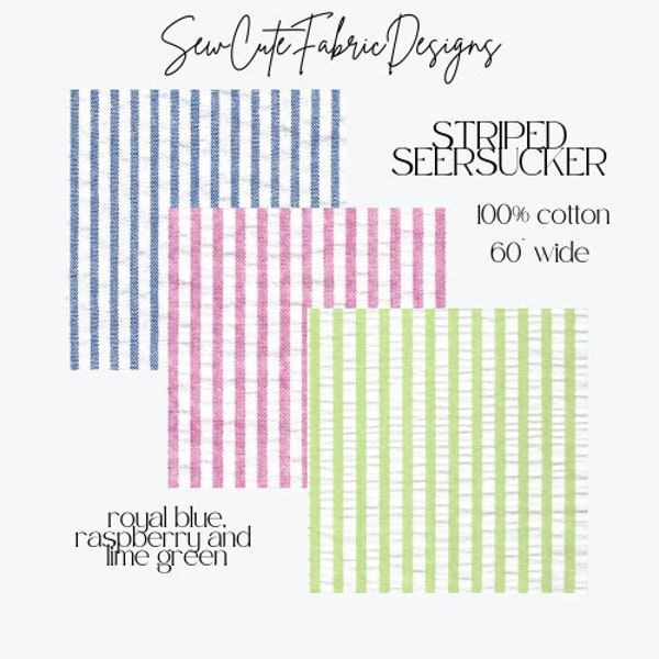 Striped Seersucker Fabric: Lime Green, Raspberry & Royal Blue. 100% cotton 60” wide. Perfect fabric for ties, shirts, dresses and more.