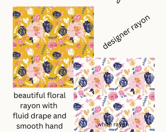 Designer rayon challis / perfect for flowing dresses / pink, gold and navy flowers and leaves