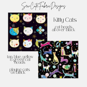 Cotton Fabric. Kitty Cat Heads on Black and Playful Cats with Hearts and Circles. QT Fabrics. Sewing, Quilting, Home Decor +more.