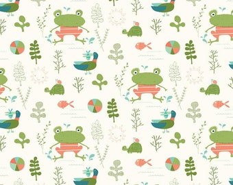 Riley Blake Cream Cotton Fabric: Frogs, Turtles, Ducks