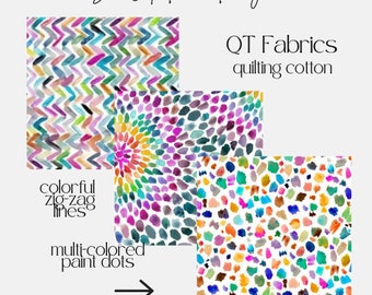 Quilting Cotton Fabric Multicolored Paint Strokes Zig Zags and Dots. QT Fabrics In the Groove. Sewing, Quilting, Home Decor +more