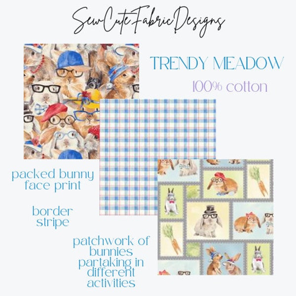 Trendy Meadow by Henry Glass Fabric. 100% Quilting Cotton. Witty watercolor bunny collection. Novelty, Children