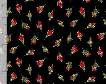 Timeless Treasures, Red Rose Buds on Black, 100% Cotton, Sold by the yard.
