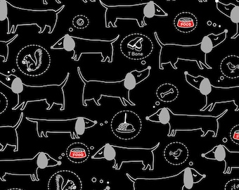 Sketched Dogs Fabric: Black Quilting Cotton, Hot Diggity Dogs
