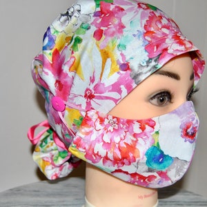 Floral Surgical Scrub Cap with Buttons: Handmade Cotton Ponytail Hat