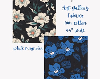 Art Gallery Fabrics, Periwinkle Floral & Magnolia’s, 100% cotton, 45” wide. Designer quilting cotton