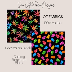 Happy Harvest from QT Fabrics, 100% Quilting Cotton Fabric. Medicinal Leaves or Gummy Bears on Black Background