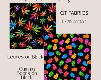 Happy Harvest from QT Fabrics, 100% Quilting Cotton Fabric. Medicinal Leaves or Gummy Bears on Black Background