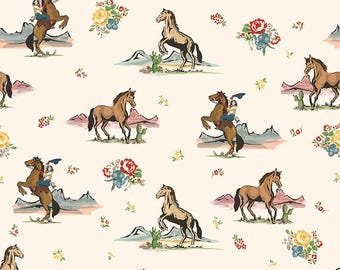 Tissu à motifs de cowgirls et de chevaux. 100 % coton pour patchwork. Bleu ou crème, avec fleurs et paysages désertiques.