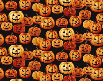 Halloween Pumpkin Fabric Haunted Village 100% Cotton Henry Glass Fabrics. Pumpkins on Black Background