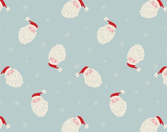 Dear Santa from Christmas in the City. Art Gallery Fabrics. 100% quilting cotton. Light blue with Santa head toss. Holiday Fabric