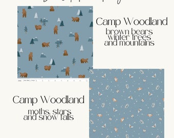Camp Woodland Brown Bears, Tents, Moths and Trees. 100% quilting cotton. Riley Blake Fabric. High-quality fabric for all your sewing needs.