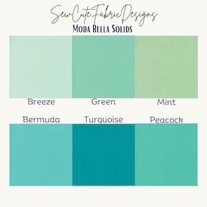 Moda BELLA Solids - Breeze, Green, Mint, Turquoise, Bermuda, Peacock. 100% quilting cotton. High-quality soft cotton fabric.