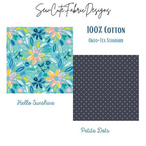 Premium Cotton from AGF. Petits Dots Midnight and Hello Sunshine. Tone-on-tone Blue Dots, Bright Florals on Light Turquoise. OKEO-TEX