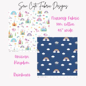 Unicorn Kingdom and Rainbows on Blue, Riley Blake Designs 100% Quilting Cotton, Children or Nursery Fabric. Castles, Clouds, Swans.