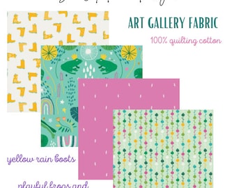 Cotton fabric, playful frogs and cheerful rainbows. Rain or Shine Art Gallery Fabrics. Light Teal, pink, yellow, green.