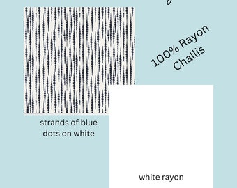 Rayón chalís blanco con lunares azules: tejido ligero y fluido para vestidos