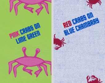 Crab Print Fabric - Red Crabs on Blue Chambray & Hot Pink on Lime Cotton. 60” wide. Great for shirts, dresses and more.